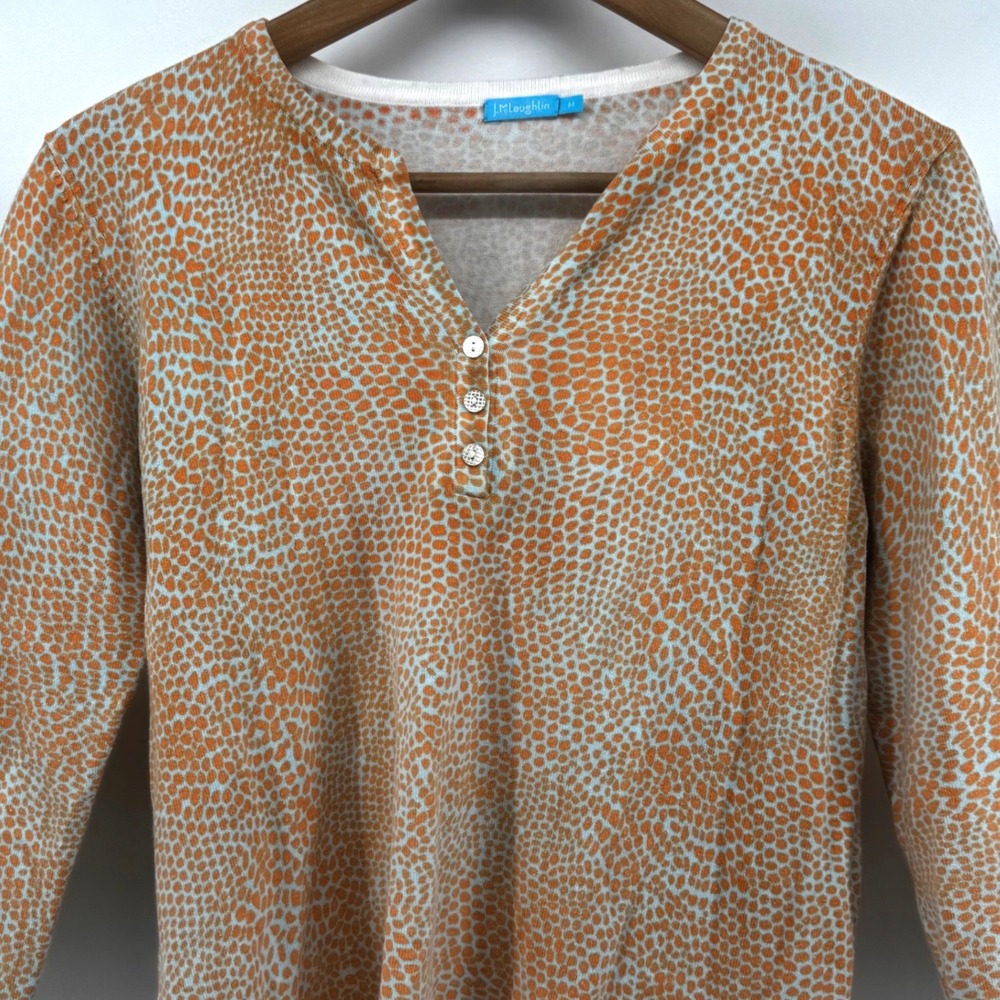 J. McLaughlin Women's M Marcy 3/4 Sleeve Sweater Blue/Orange Python Print‎